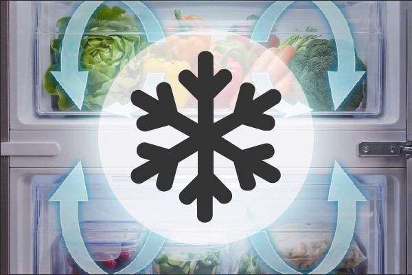 Arrows showing cold air circulating around a frost free fridge